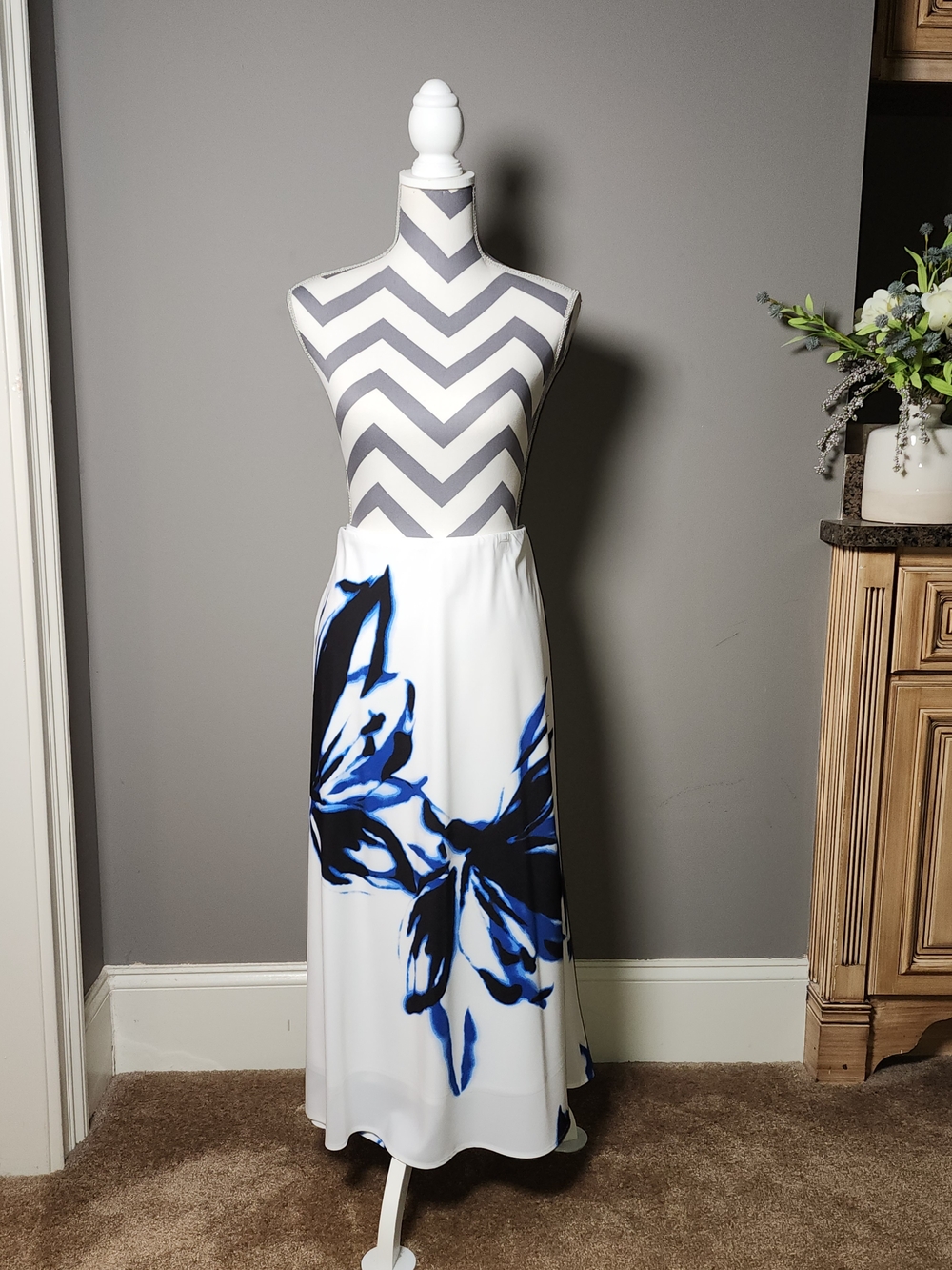 Anne Klein White Maxi Skirt with Blue & Black Floral Accents